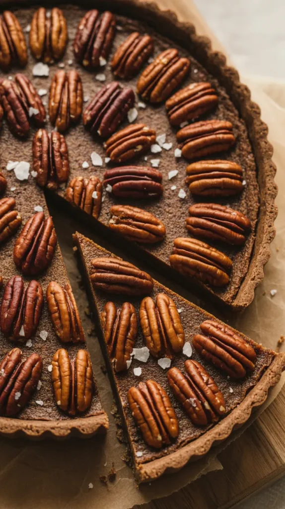A beautiful maple-pecan tart with a dark rye crust, topped with shiny pecans.