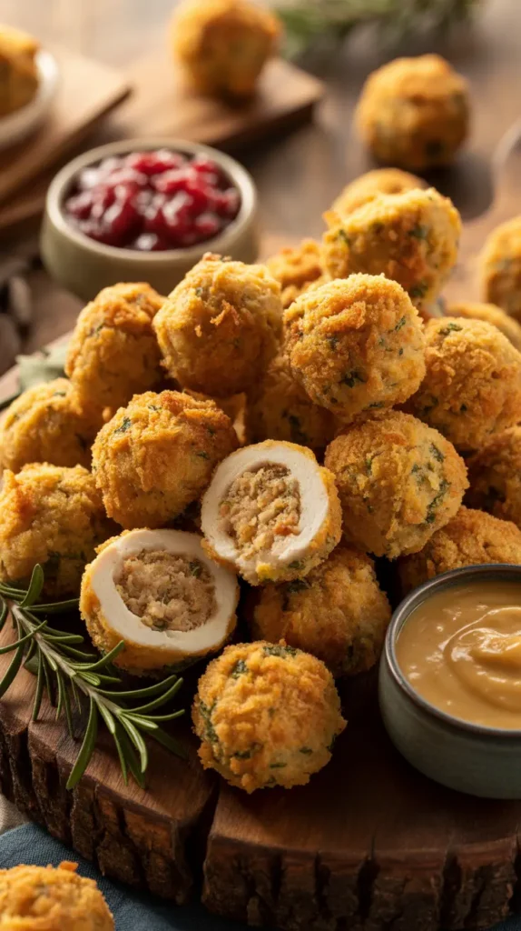 Golden-brown, crispy stuffing bites arranged on a platter with rosemary, perfect for pre-dinner mingling or as a fun side dish.