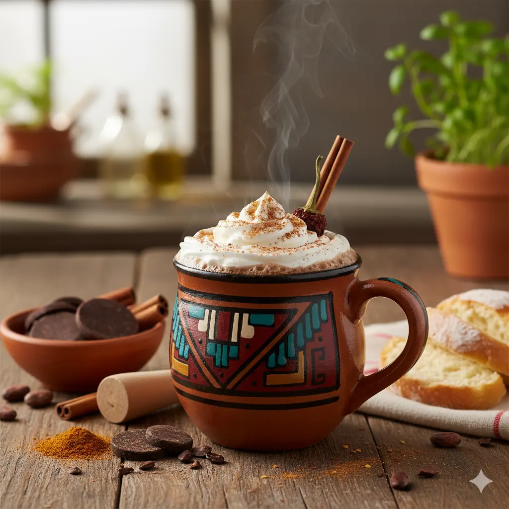 Mexican hot chocolate perfectly balances sweetness and spice, cream, cinnamon, chili