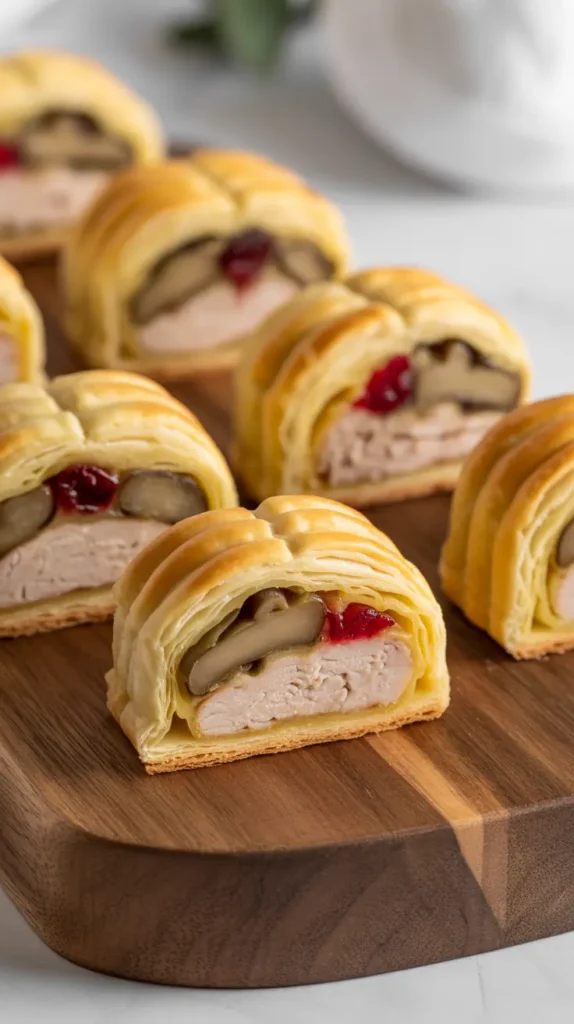 Elegant mini Wellington bites made of flaky, golden puff pastry and filled with turkey and mushroom duxelles on a wooden serving board.