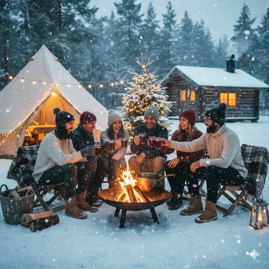 Nothing like a cup of warm mulled wine while camping in the woods under a snow blanket