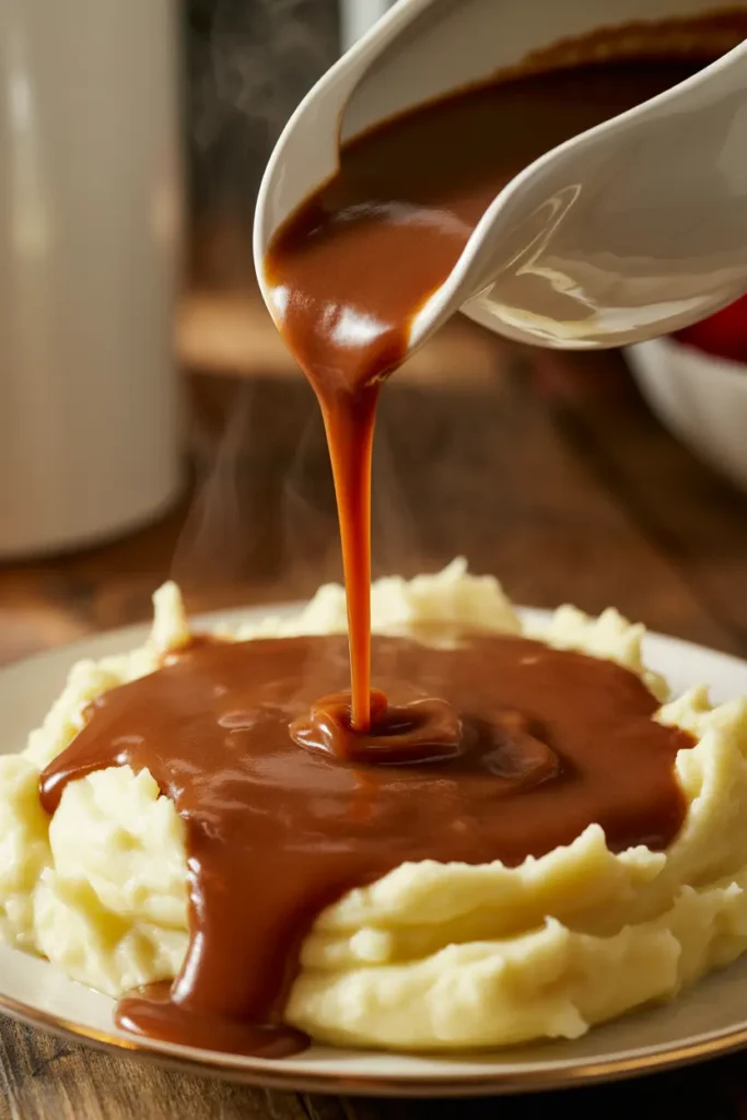 Silky-Smooth Sumptuous Gravy Being Drizzled over Mashed Potatoes