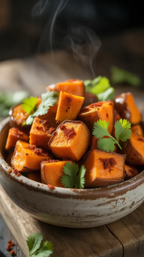 Close-up of roasted sweet potato cubes coated in a reddish-orange peri-peri spice blend and garnished with cilantro or parsley.