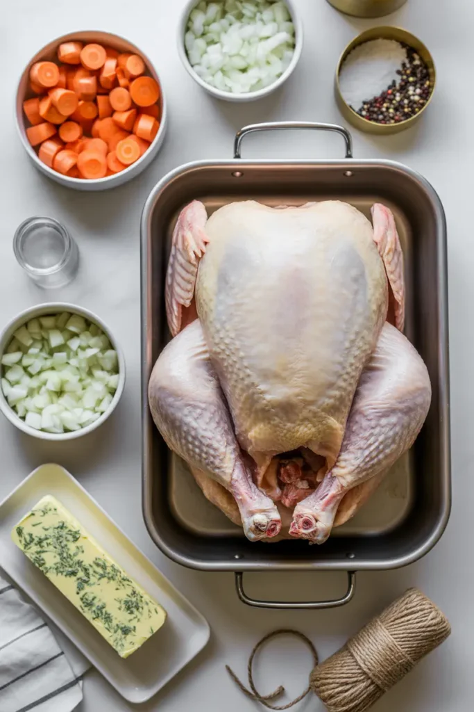 A large, raw, brined turkey sits in a roasting pan at the center. It is surrounded by small bowls containing chopped aromatics like onions and carrots, a softened stick of compound butter rich with herbs, salt, pepper, and twine.