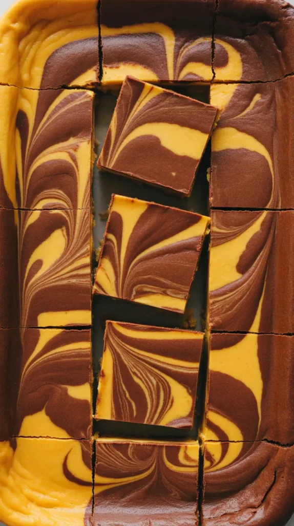 A pan of pumpkin-chocolate marble cheesecake bars with a striking marbled top.