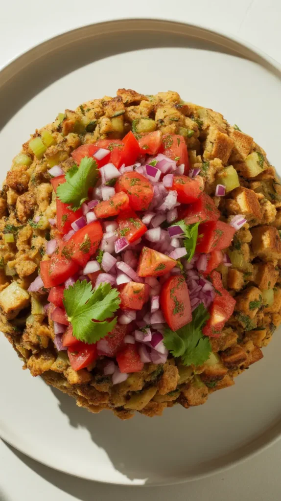 A serving of traditional stuffing topped with a colorful, fresh Mexican-inspired salsa with visible tomatoes and cilantro for a bright, acidic contrast.