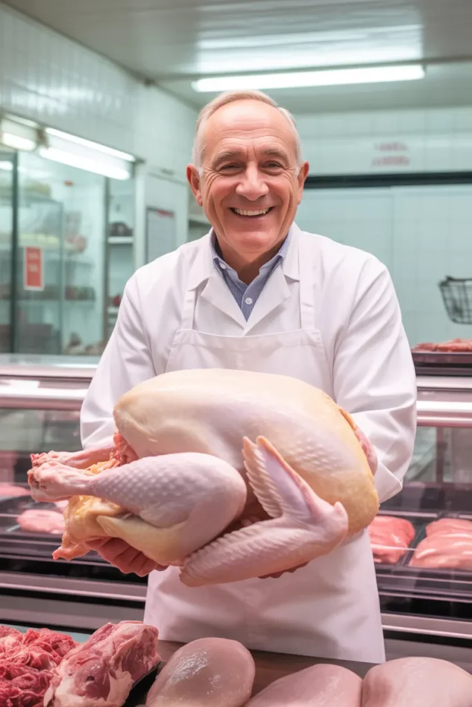 A friendly, older butcher with a warm smile is presenting a large, high-quality raw turkey