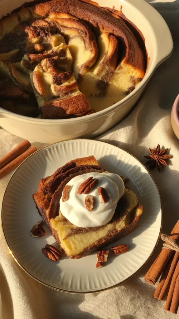 A close-up of a serving of sourdough cinnamon roll bread pudding, showing the rich texture and a creamy topping.