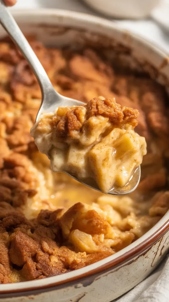 A scoop of spiced apple fritter bread pudding, showing the texture of the apples and the crunchy topping.