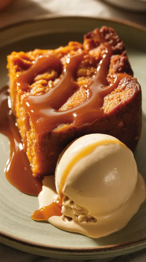 A slice of sweet potato bread pudding with a rich caramel sauce and a scoop of ice cream.