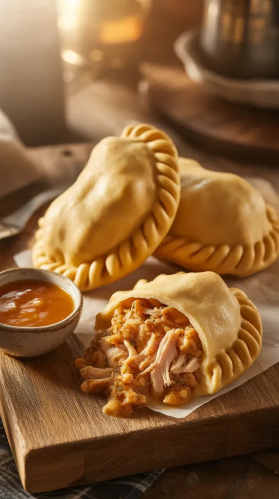 Flaky, golden-brown empanadas filled with savory Thanksgiving leftovers, one cut open to show the filling.