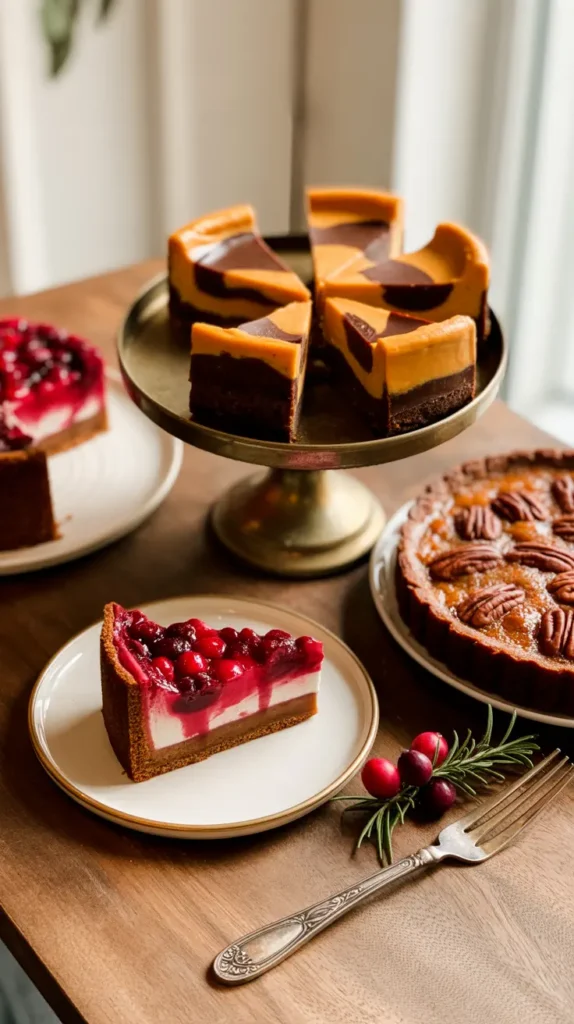 A warm and inviting Thanksgiving dessert spread on a rustic table, featuring a slice of cranberry gingerbread cake, a maple-pecan tart, and marbled pumpkin-chocolate cheesecake bars