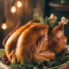 A majestic, golden-brown roasted turkey, glistening under warm spotlights