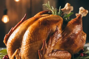 A majestic, golden-brown roasted turkey, glistening under warm spotlights