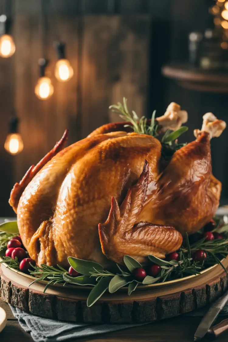A majestic, golden-brown roasted turkey, glistening under warm spotlights