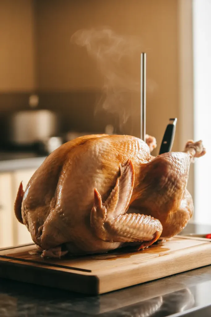 A perfectly roasted, golden-brown turkey resting on a wooden carving board with a juice groove