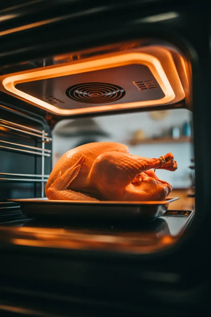 eye-level shot looking through an open oven door at a turkey roasting inside