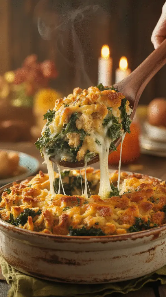 A close-up of a serving of cheesy kale stuffing, showing its rich texture and vibrant green flecks.