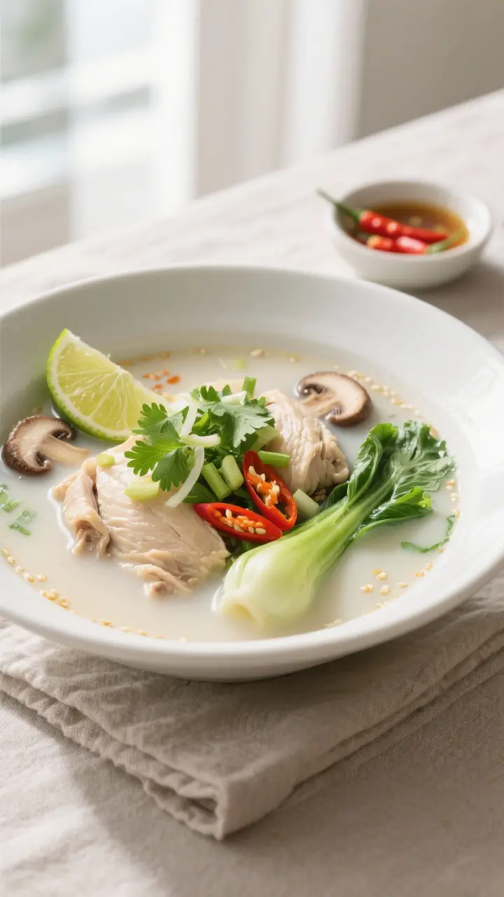 Beautifully plated final bowl of Chicken Soup with Coconut Milk, restaurant-quality presentation: wi