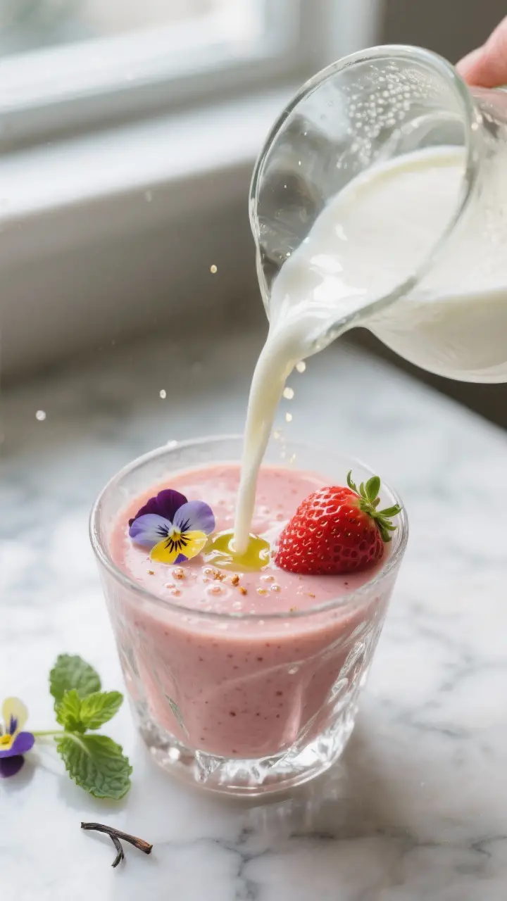 Close-up detail: A chilled Strawberry and Pansy Soup being poured from a glass pitcher into a froste