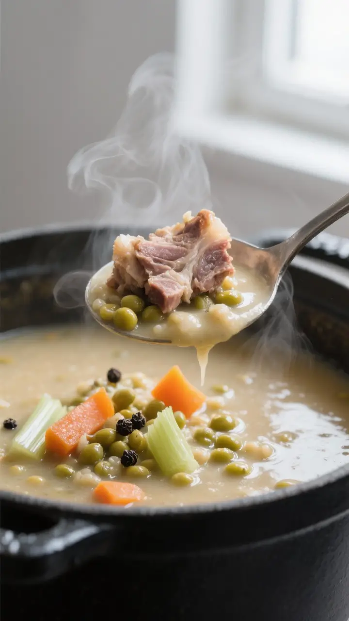 Close-up detail: A ladle lifting creamy eisbein pea soup from a simmering pot, showing silky, collap