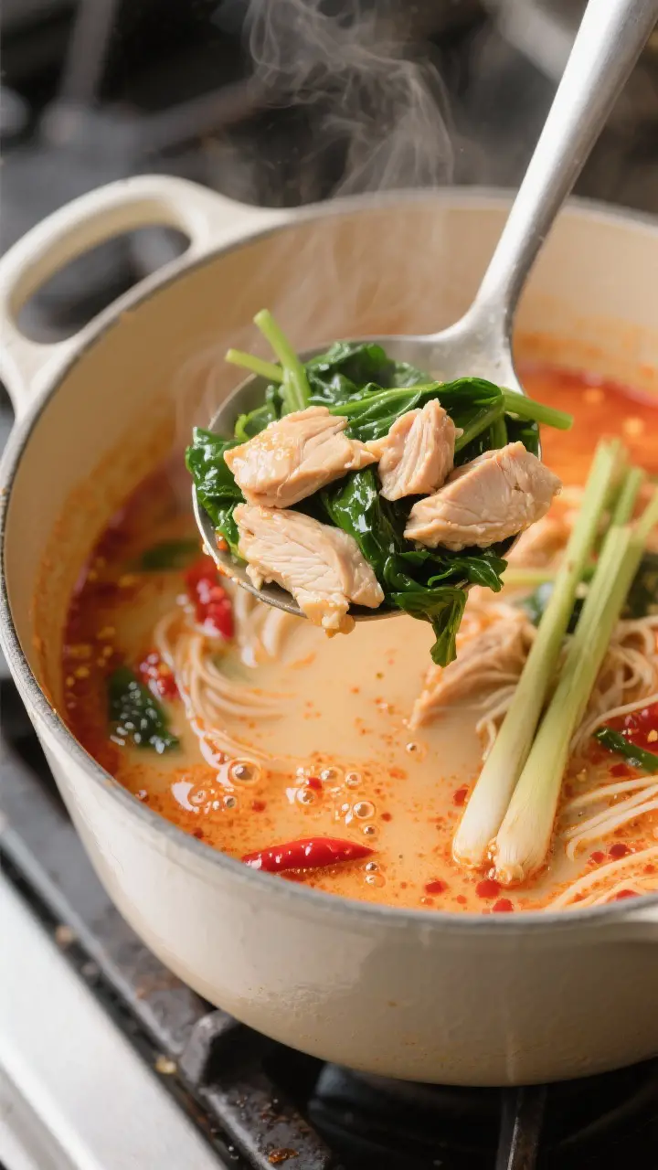 Close-up detail: A ladle lifting silky chicken pieces and wilted spinach from a simmering chicken la