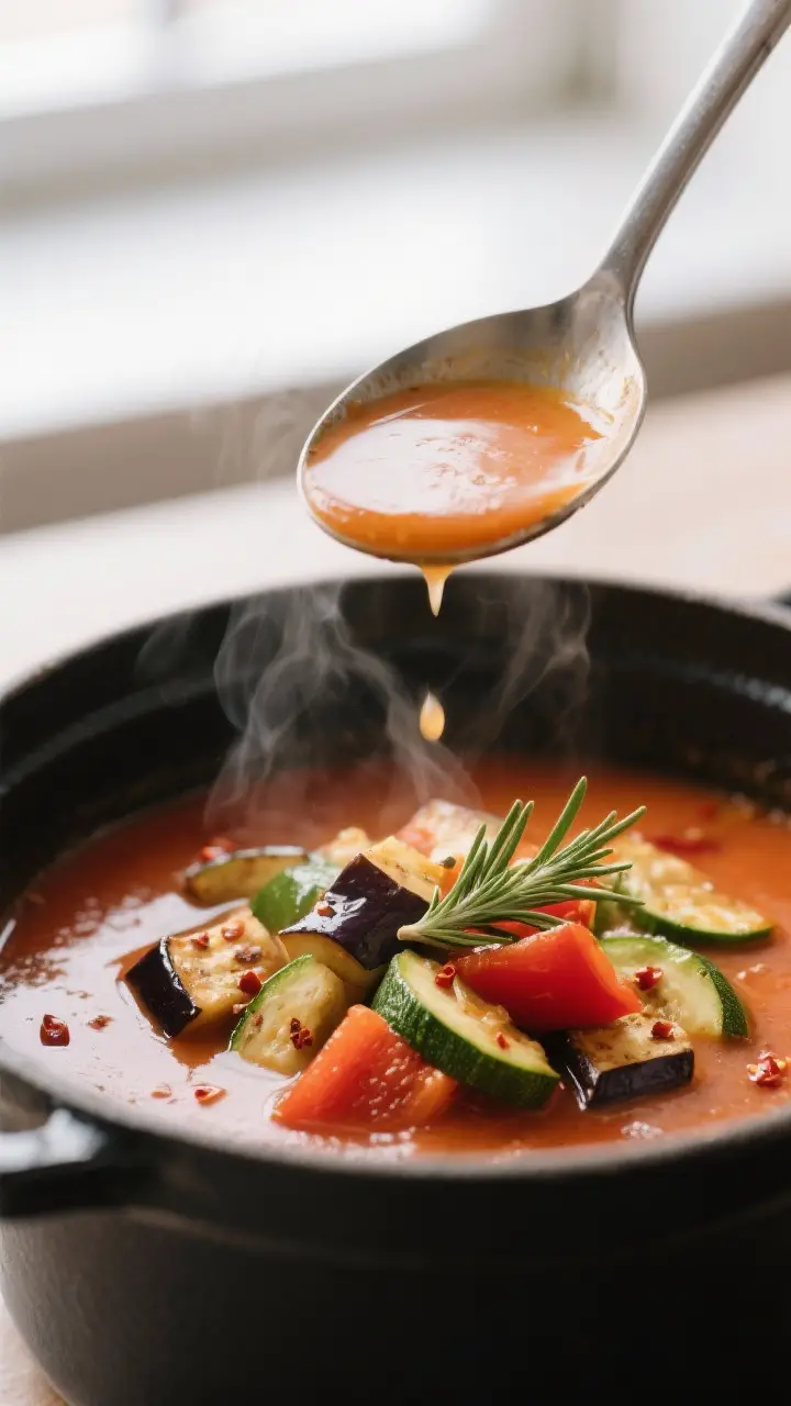 Close-up detail: A ladle lifting silky Ratatouille Soup from a heavy pot, showing tender eggplant cu