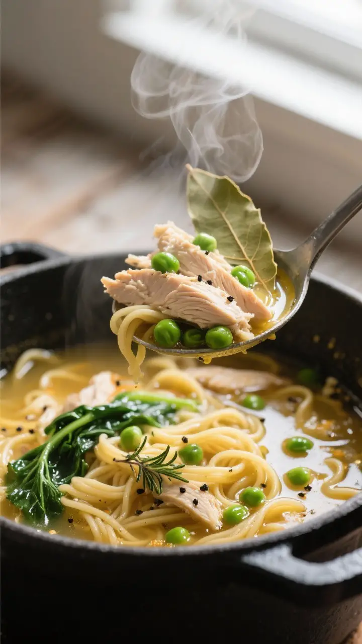 Close-up detail: A steaming ladle of chicken noodle soup hovering over the pot, showcasing shredded 