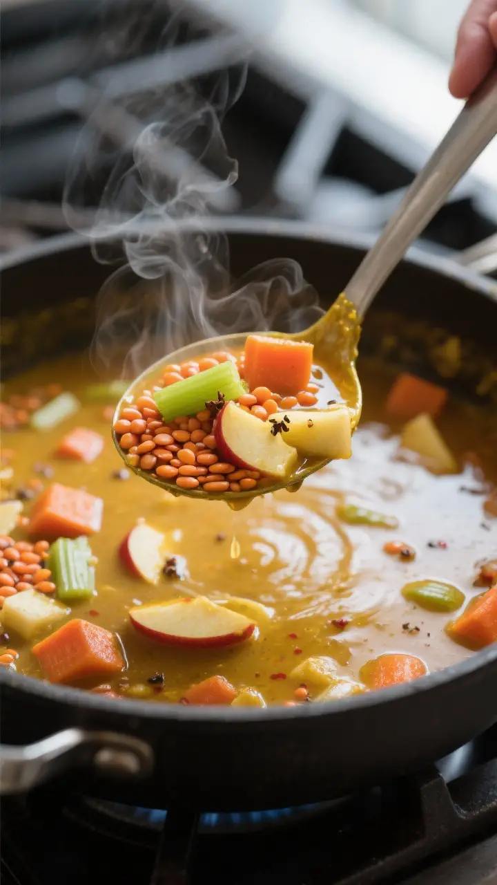 Close-up detail: A steaming ladleful of Mulligatawny mid-simmer in a heavy pot, showing tender red l