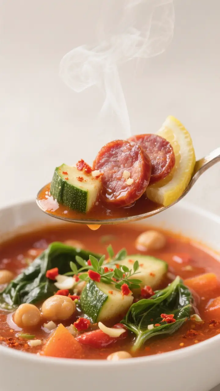 Close-up detail: A steaming spoonful of Microwave Mediterranean Chorizo Veg Soup lifted above the bo