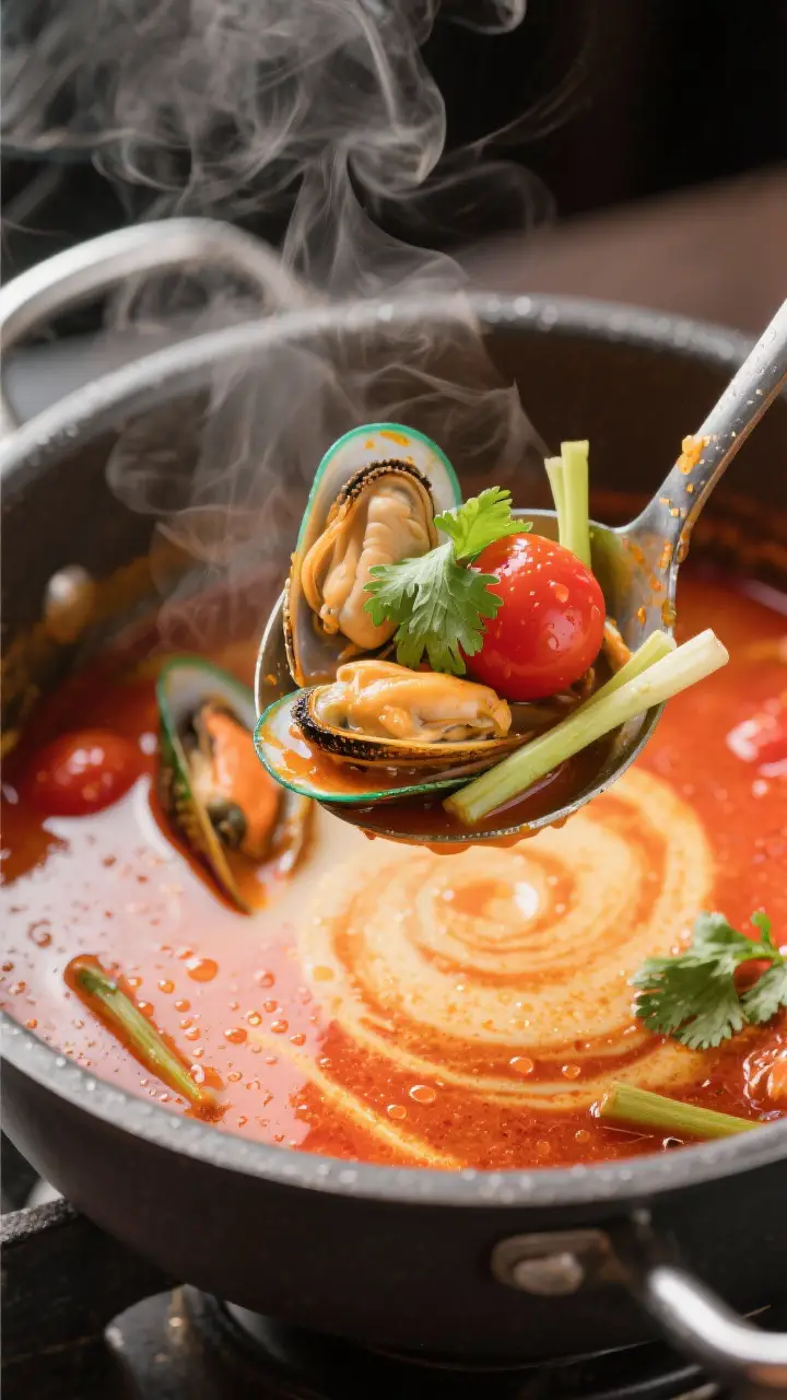 Close-up detail: A steamy ladle lifting just-opened mussels from a glossy Thai red curry-coconut bro
