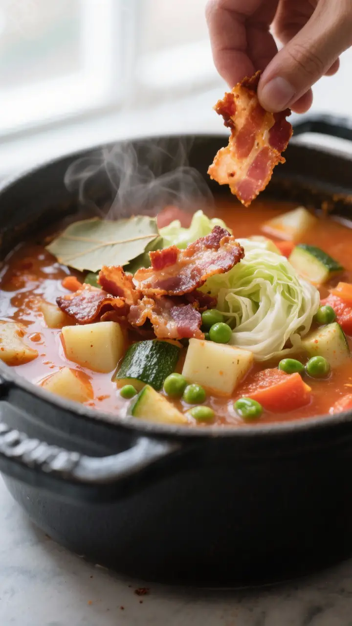 Close-up detail: Crispy bacon bits being folded back into a simmering pot of Bacon and Veggie Soup, 