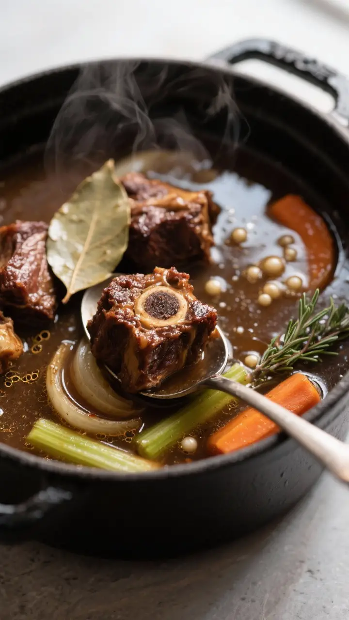 Close-up detail: Deeply seared oxtail pieces nestled in a glossy, simmering broth with pearl-like fa