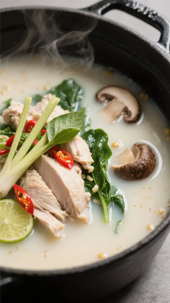 Close-up detail of silky chicken soup with coconut milk at a gentle simmer in a matte black Dutch ov