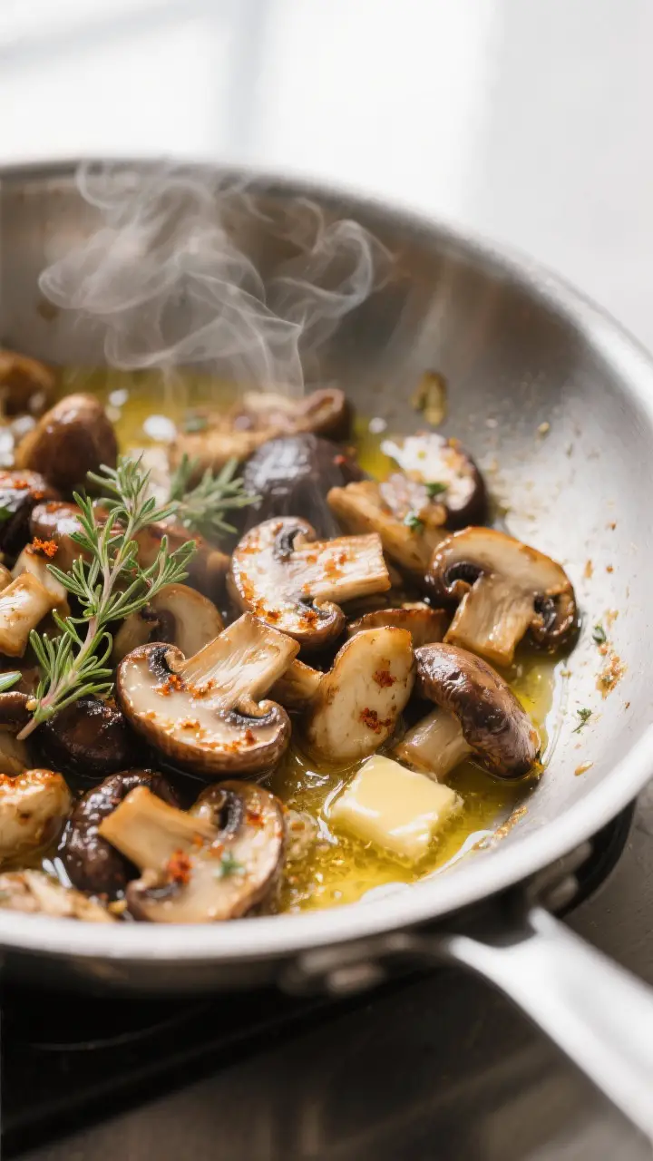 Close-up detail: Sautéed mixed mushrooms (cremini and shiitake) browning in a wide stainless pot af