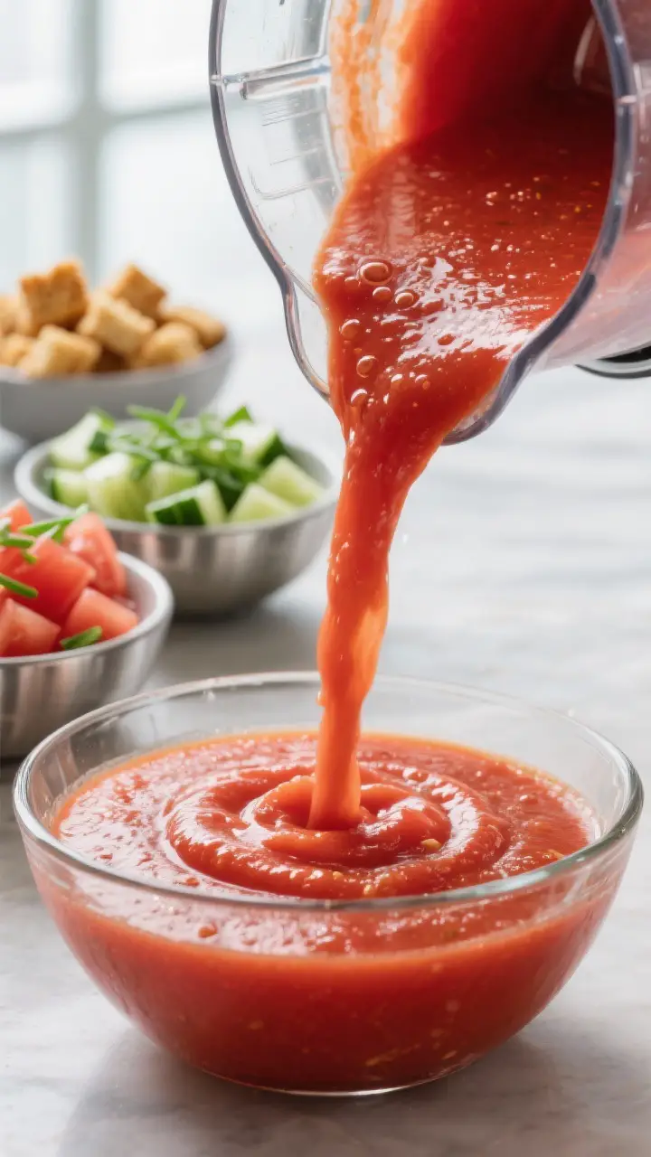 Close-up detail shot: Ultra-silky red gazpacho streaming from a blender pitcher into a chilled glass