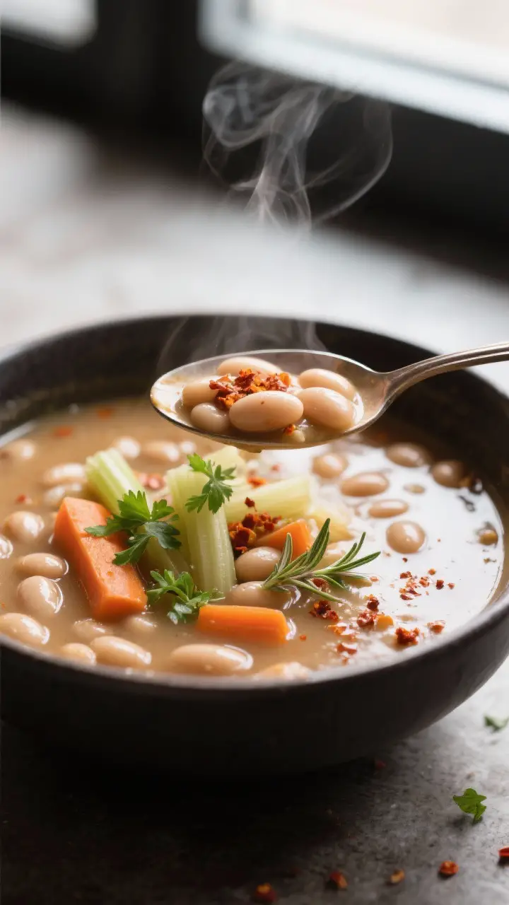 Close-up detail: Silky bean soup after marrow is whisked back in, showing glossy, rich broth with te