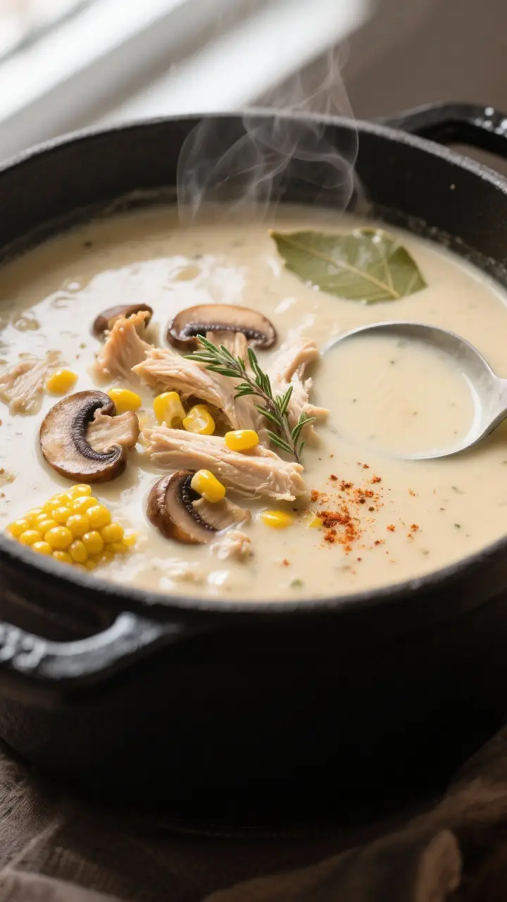 Close-up detail: Silky creamy chicken, mushroom, and corn soup just after the cream is stirred in, s