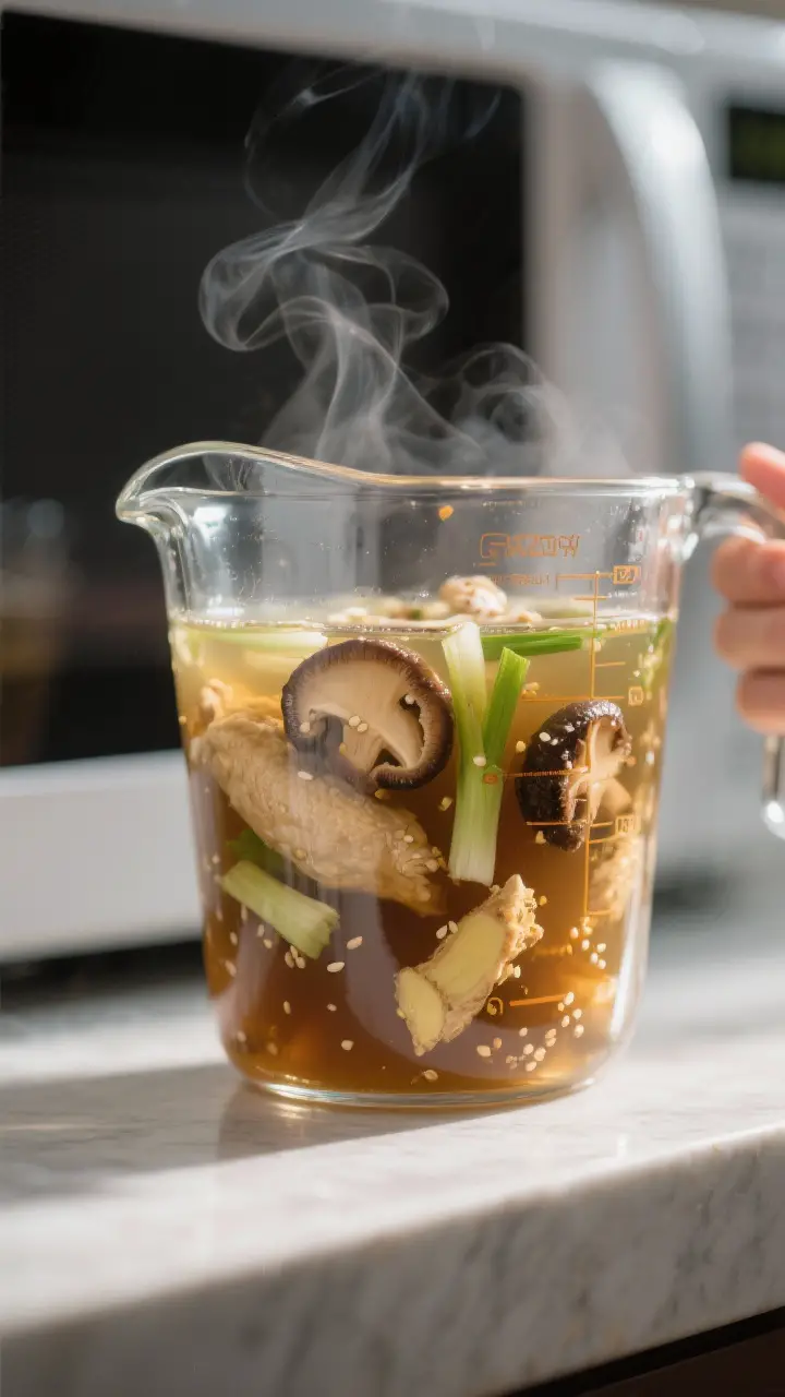 Close-up detail: Steaming microwave Asian chicken soup mid-prep in a large glass measuring jug, show