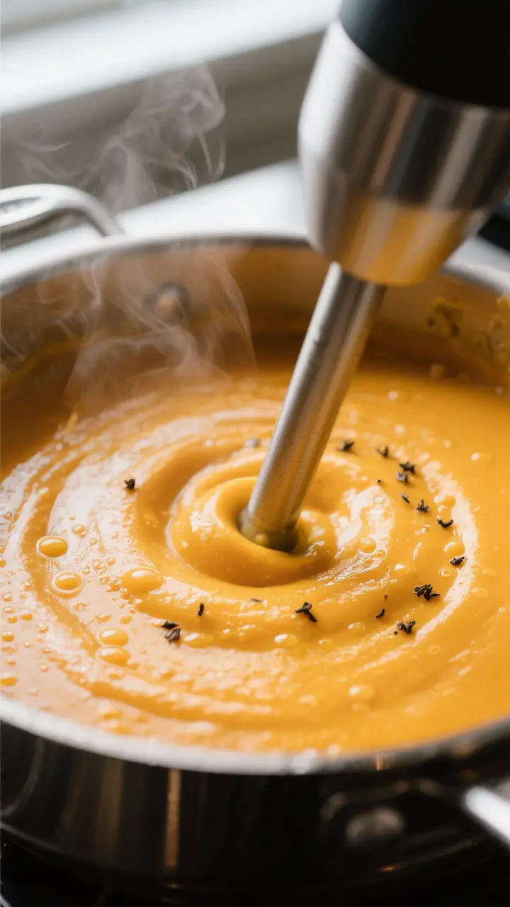 Close-up detail: Ultra-creamy pumpkin soup being blended silky-smooth with an immersion blender dire