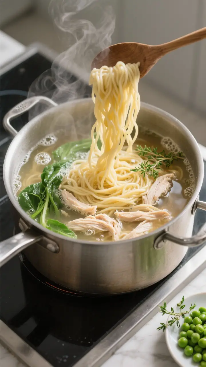 Cooking process action: The noodles-time stage captured in a simmering pot—egg noodles just added 