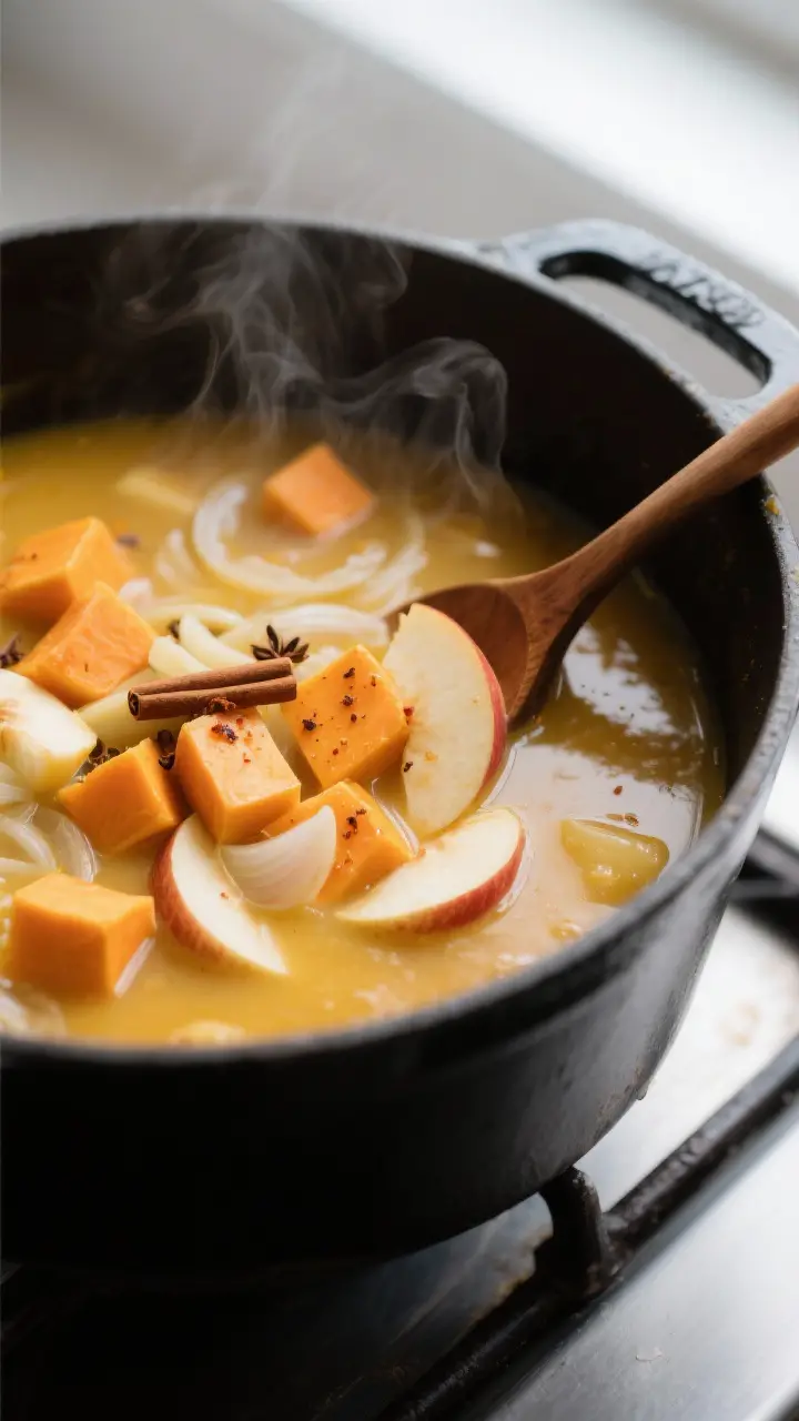 Cooking process, close-up detail: Close-up of butternut squash and apple soup base simmering in a ma