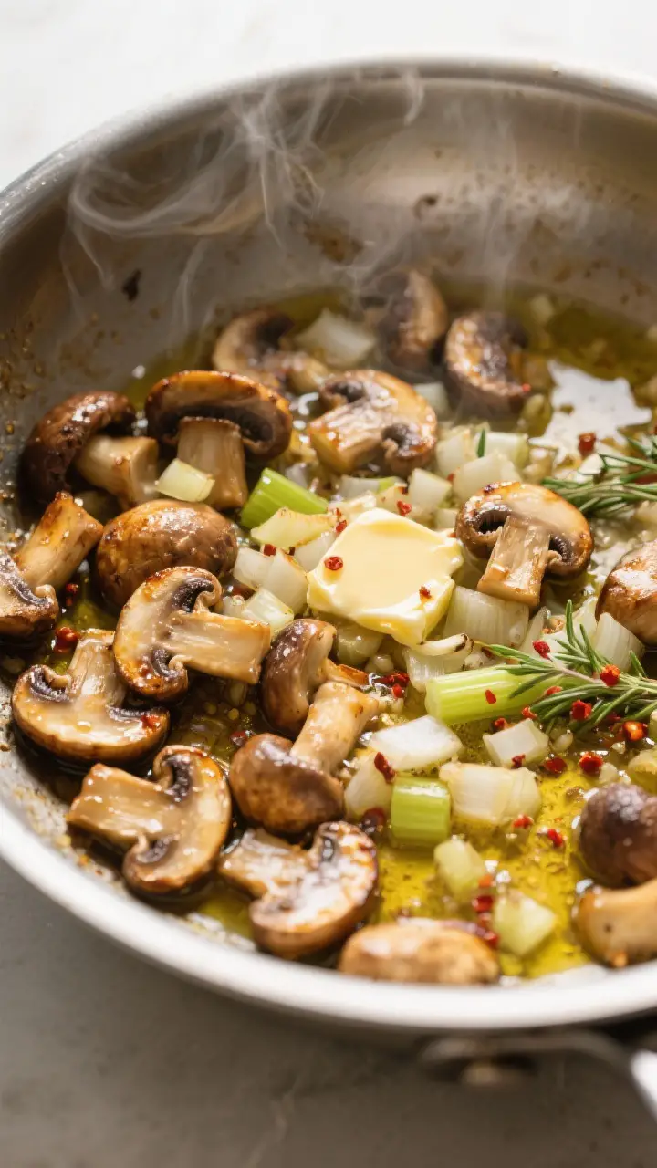 Cooking process, close-up detail: Golden-browned mixed mushrooms (cremini, shiitake, oyster) searing