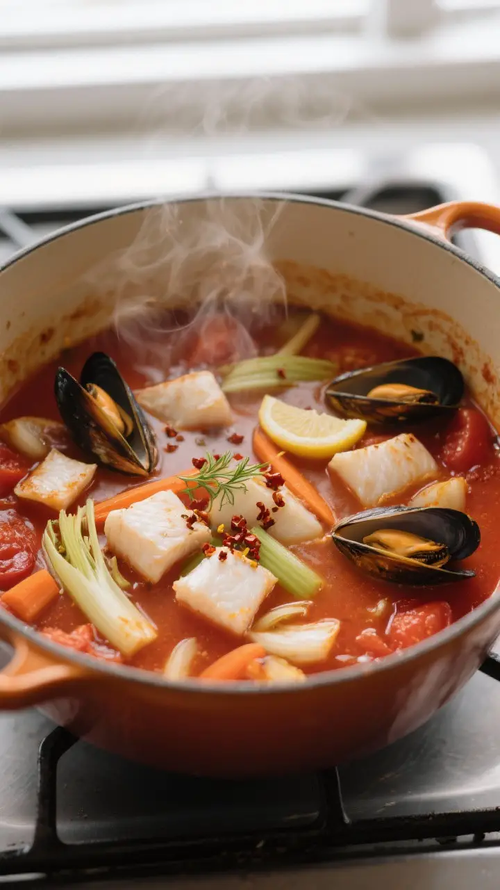 Cooking process close-up: Dutch oven at a lively simmer with the tomato-seafood base, showing tender