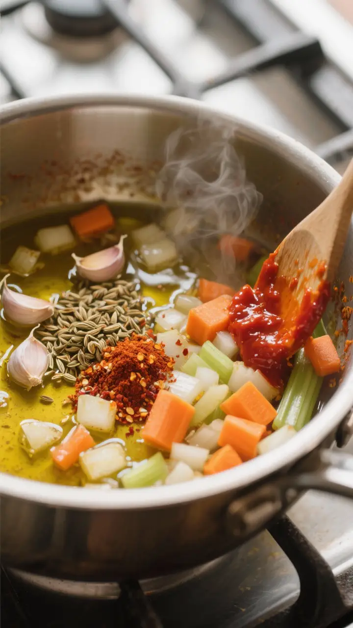 Cooking process — Close-up of spices blooming in olive oil with sautéed diced onion, carrot, and 