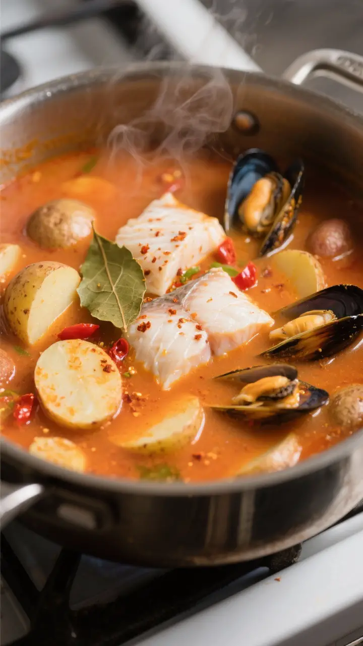 Cooking process, close-up: Steam-kissed shot of West Coast Soup base simmering in a heavy pot—velv