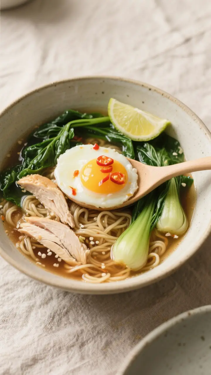 Cooking process: Hot broth with wilted baby spinach/bok choy and tender shredded rotisserie chicken,