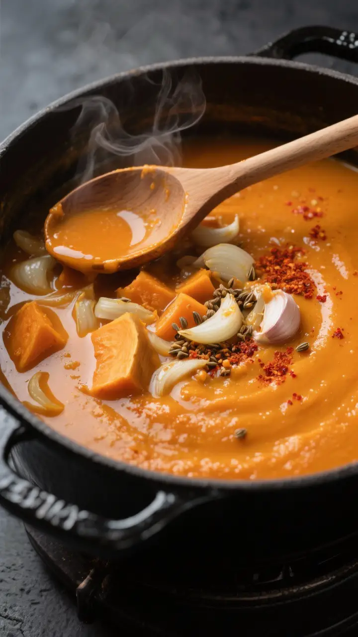 Cooking process, medium-close: Pumpkin soup base simmering in a matte black Dutch oven on the stove,