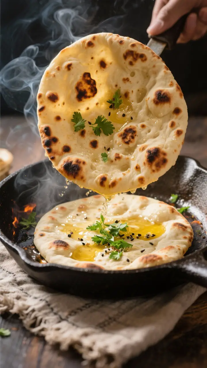 Cooking process: Naan puffing in a scorching cast-iron skillet, captured at the flip moment where th