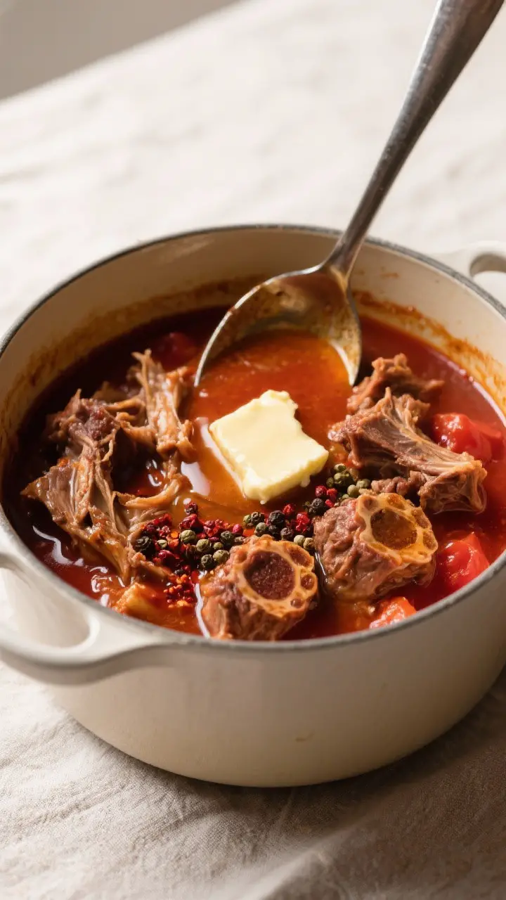 Cooking process: Overhead shot of shredded, fall-off-the-bone oxtail meat just returned to the pot, 